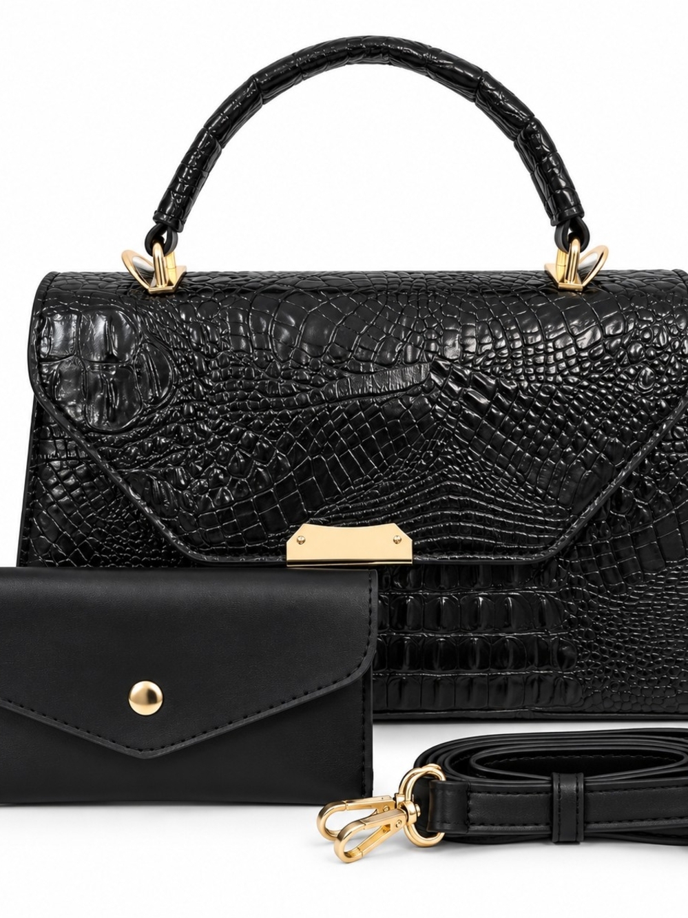Black Croc-Embossed Top Handle Satchel with Gold Hardware